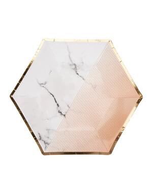 8 mellemstore sekskantede papirtallerkner med geometrisk ferskenmønste (20 cm) - Color Block Marble