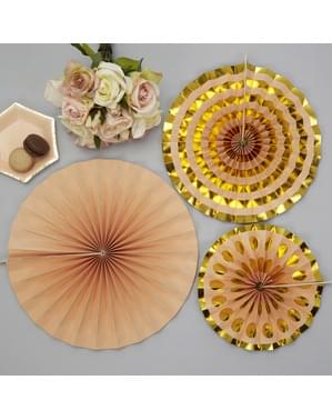 sett med 3 dekorativ papirvifte i gull - Colour Block Marble