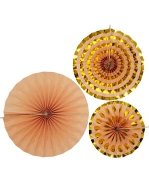 3 Leques de papel decorativos dourado (21-26-30 cm) - Colour Block Marble