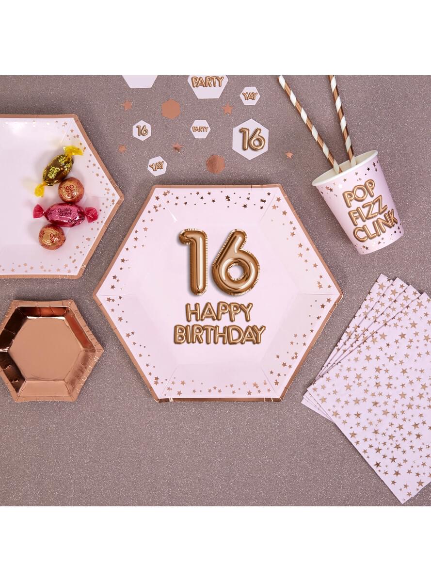 Set od 8 "16 Happy Birthday" Šesterokotne papirnate plošče - Glitz & Glamour Pink & Rose Gold