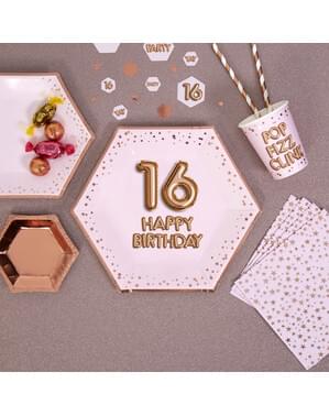 8 "16 Doğum Günün Kutlu Olsun" Set Altıgen Kağıt Tabak - Glitz & Glamour Pink & Rose Gold