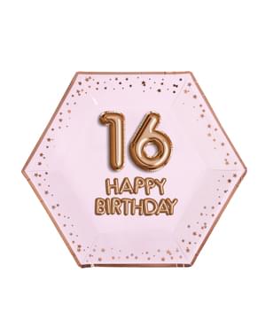 Zestaw 8 sześciokątne papierowe talerze “16 Happy Birthday” - Glitz & Glamour Pink & Rose Gold