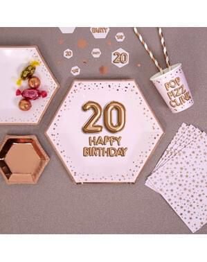 8 "20 Doğum Günün Kutlu Olsun" Set Altıgen Kağıt Tabak - Glitz & Glamour Pink & Rose Gold