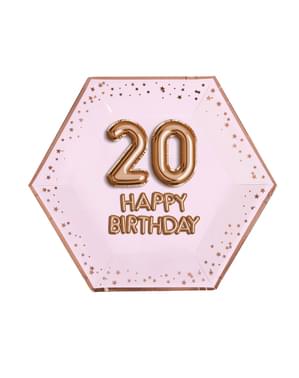 8 “20 Happy Birthday” Kuusikulmaista Paperilautasta – Glitz & Glamour Pink & Rose Gold