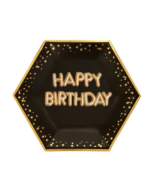 Zestaw 8 sześciokątne papierowe talerze “Happy Birthday” - Glitz & Glamour Black & Gold