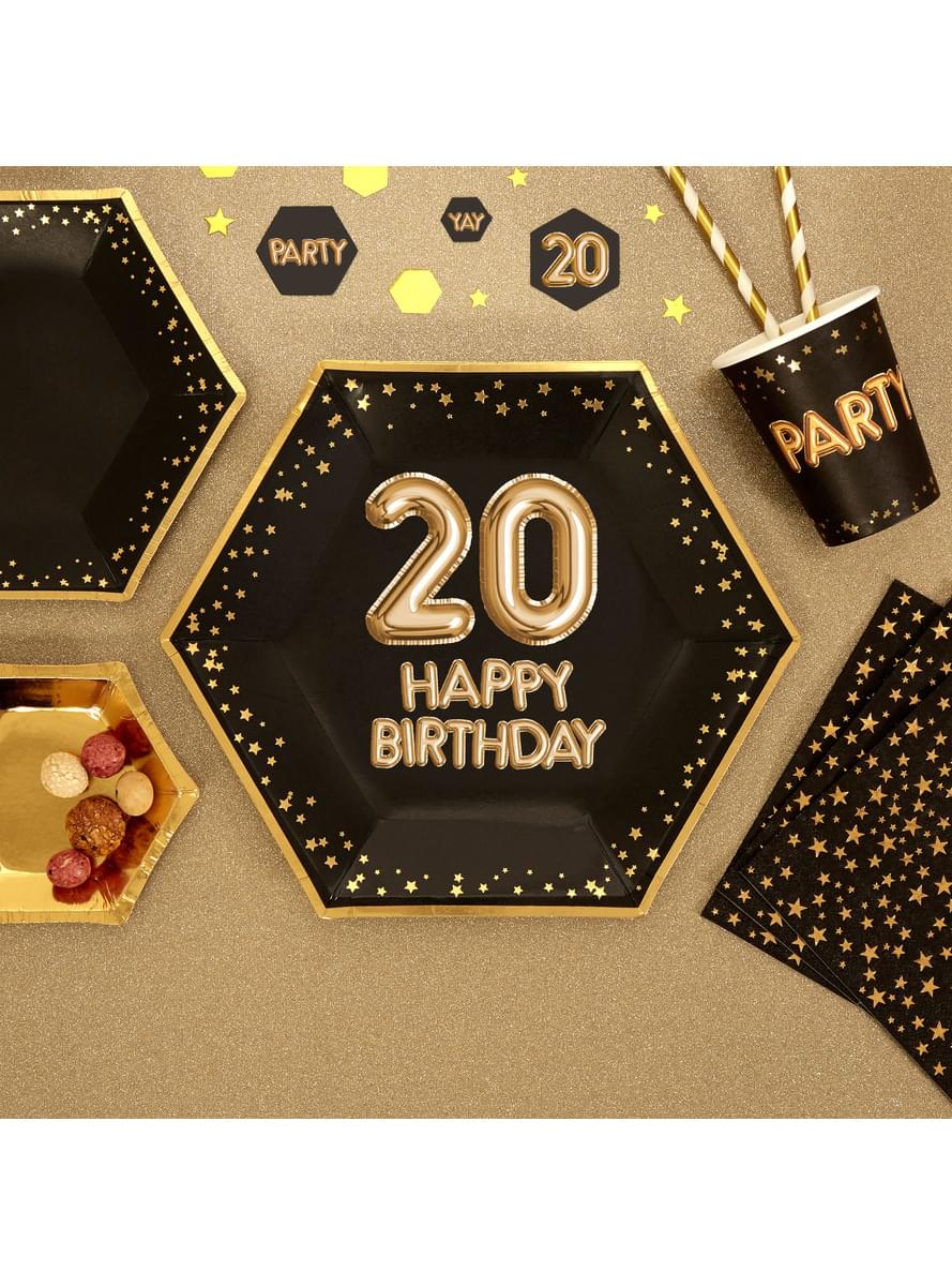 Zestaw 8 sześciokątne papierowe talerze “20 Happy Birthday” - Glitz & Glamour Black & Gold