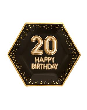 8 "20誕生日おめでとう"六角形紙プレートセット - グリッツ＆グラマーピンク＆ローズゴールド