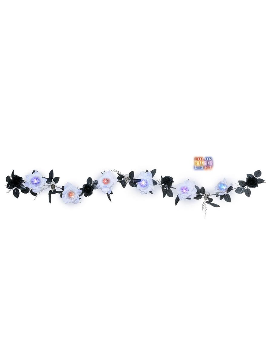 Skulls and White Roses Garland with Colour Changing Lights