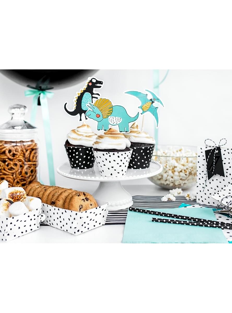 6 moules à cupcakes à motifs blanc et noir en carton - Dinosaur Party