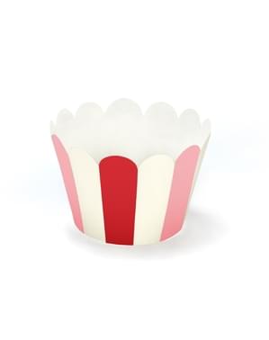 6 bases para cupcakces de riscas cor-de-rosa e vermelhas de papel - Sweet Love Collection
