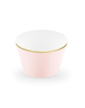6 bases para cupcakes cor-de-rosa pastel com borda dourada de papel