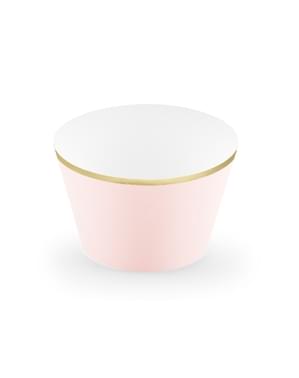 6 Papir Muffin Forme med Guld Kant, Pastelpink