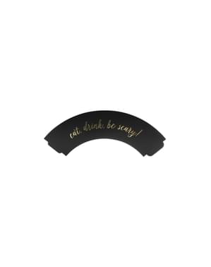 Set 6 "Makan, minum, jadilah menakutkan!" Paper Cupcake Wrappers, Black w / Gold Print - Trick or Treat Collection