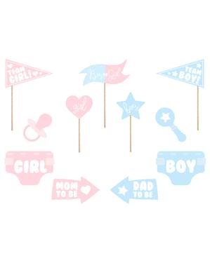Set 11 různých modrých & růžových fotodoplňků s tématikou baby shower - Gender Reveal Party