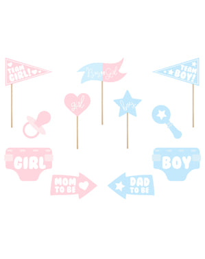 Set dari 11 Props Photo Booth Baby Shower Aneka, Biru & Merah Muda - Pesta Mengungkapkan Gender