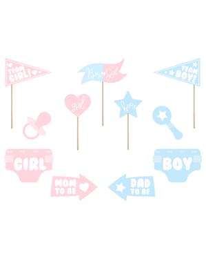 11 Assorterede Baby Shower Foto Booth Rekvisitter, Blå & Pink - Gender Reveal Party