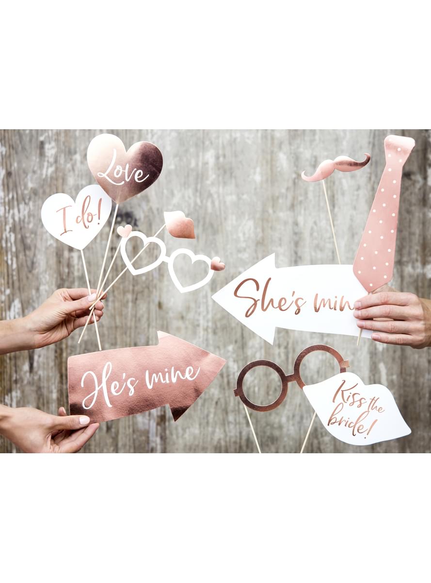 12 "Kiss the Bride" Photo Booth Props, Rose Gold for parties and