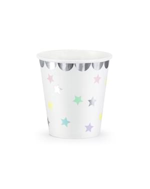 Pappbecher Set 6-teilig weiß mit bunten und silbernen Sternen - Unicorn Collection