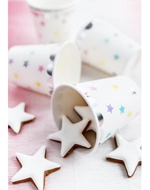 6 White Paper Cups with Multicolor & Silver Stars - Unicorn Collection