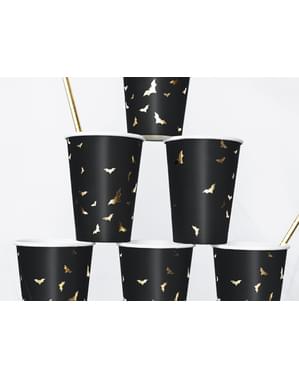6 gobelets noir avec chauve-souris dorées en carton - Trick or Treat Collection