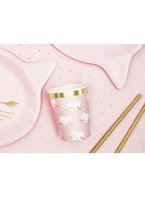 Set 6 růžových papírových kelímků s kočičkou - Meow Party