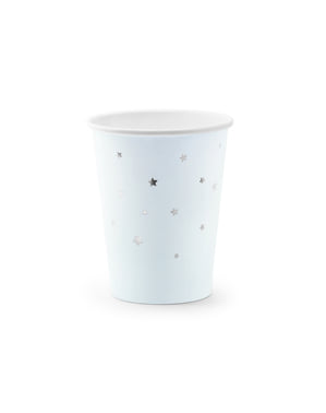 सिल्वर स्टार्स के साथ 6 पेस्टल ब्लू पेपर कप का सेट