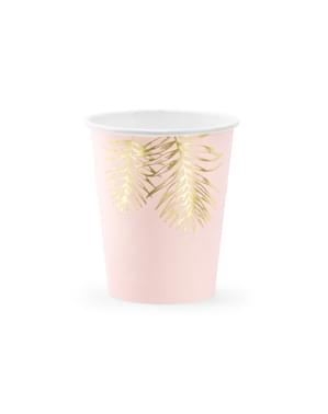 6 gobelets roses avec feuilles dorées en carton