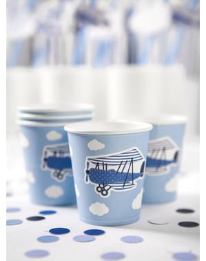 6 popierinių puodelių rinkinys su plokščiu spausdinimu, mėlyna - maža plokštuma