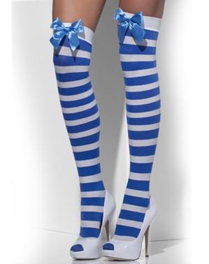 Blue and white striped hold up tights with bows