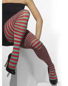 Collants às riscas verdes e vermelhas
