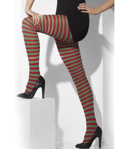 Collants às riscas verdes e vermelhas