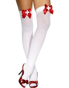 Meias-calças de enfermeira brancas com laços vermelhos