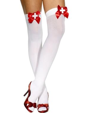 Ciorapi de asistentă albi cu fundițe roșii