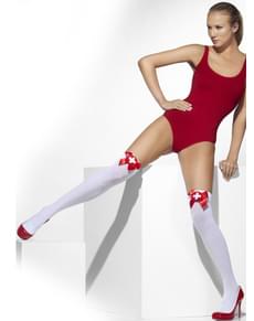 Meias-calças de enfermeira brancas com laços vermelhos