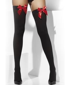 Meias-calças pretas com laços vermelhos