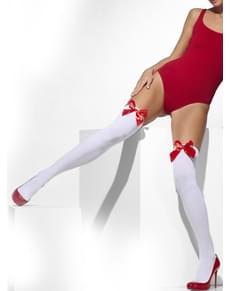 Meias-calças sexy brancas com laços vermelhos