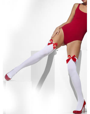 Λευκές Σέξι Μακριές Κάλτσες με Κόκκινα Φιογκάκια