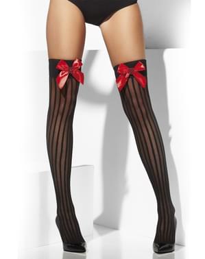 Black striped hold up tights with red bows