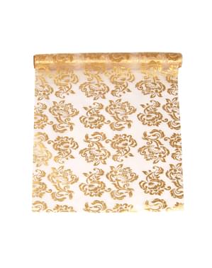 White Organza Table Runner dengan Reversible Silver & Gold Print