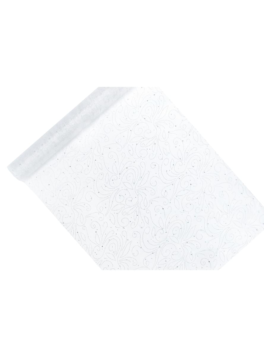 Razený bežec Pearl Organza, biely a strieborný