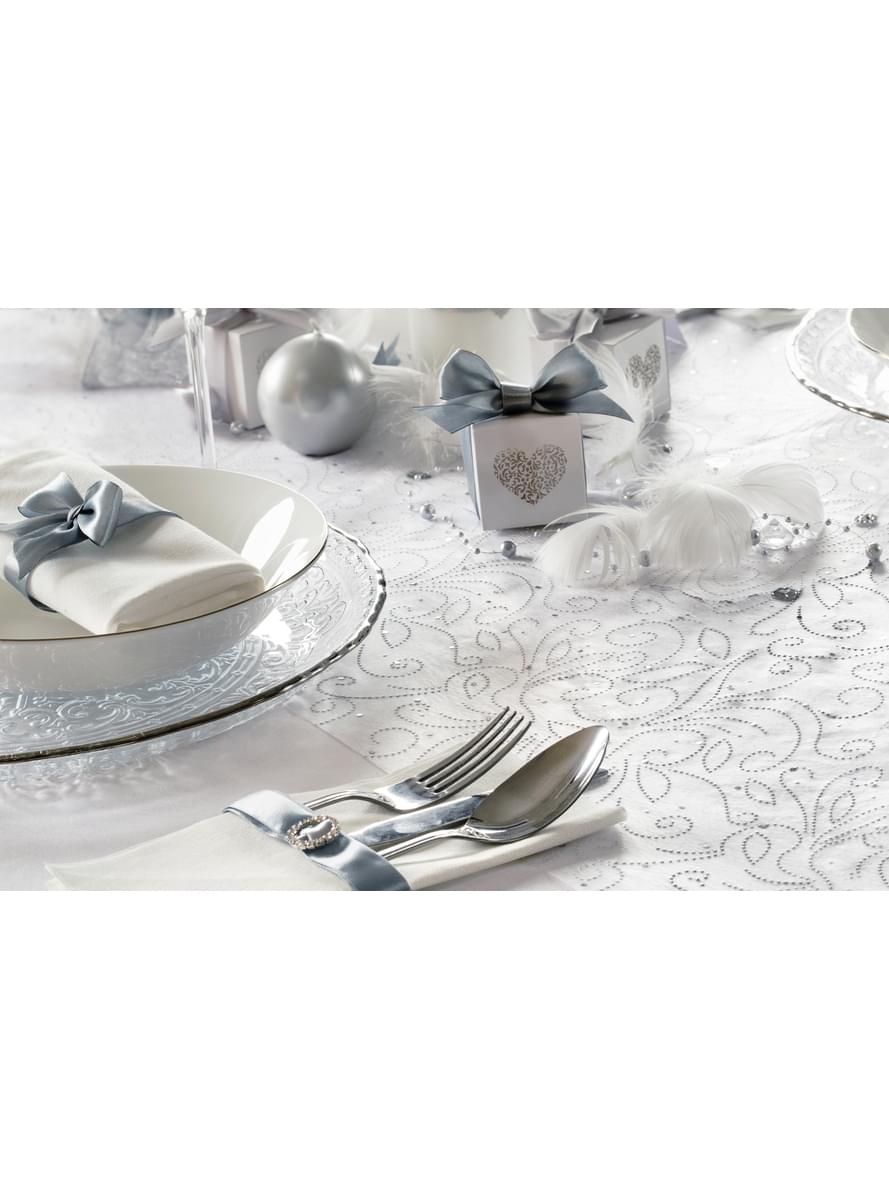 Razený bežec Pearl Organza, biely a strieborný