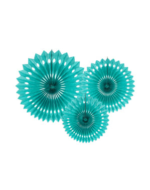 20 - 30 cm ölçülerinde turkuaz renkli 3 dekoratif kağıt fanı seti