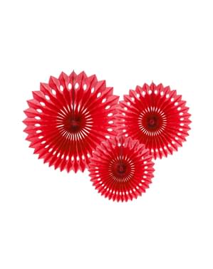 20 ila 30 cm ölçülerinde kırmızı renkli 3 dekoratif kağıt fanı seti