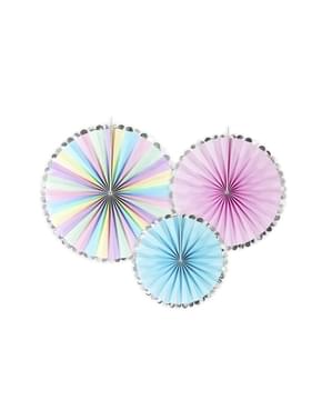 Set of 3 assorted decorative paper fans in pastel pink with silver border - Unicorn