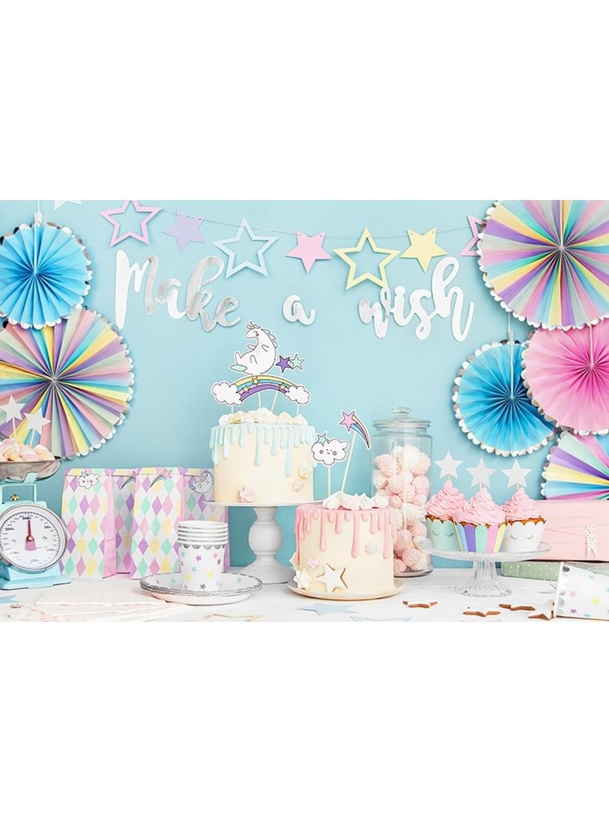 3 Leques de papel decorativos variados em tons pastel e borda pratead (21-25-30 cm) - Unicorn