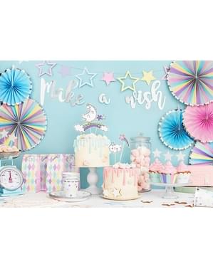 3 Abanicos de papel decorativos variados en tonos pastel y borde plateado (21-25-30 cm) - Unicorn