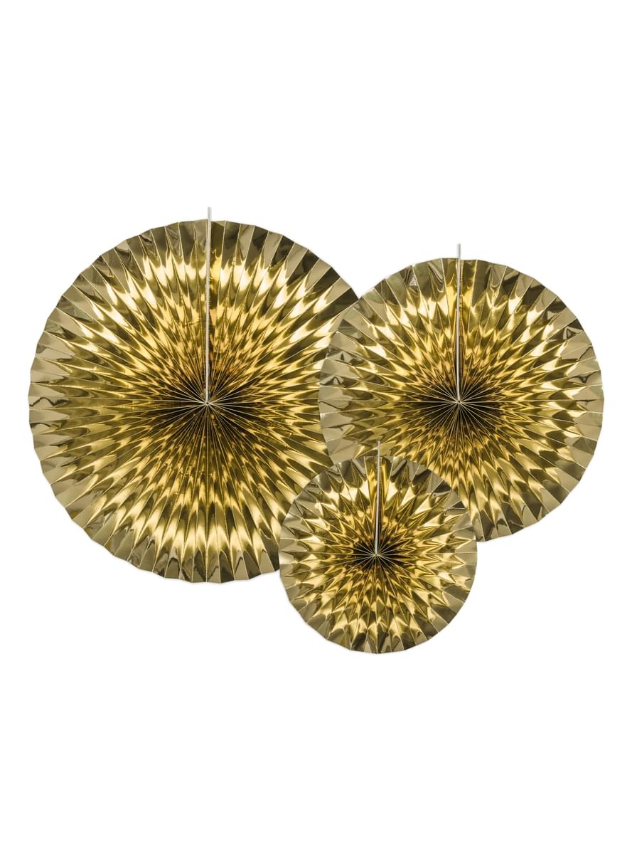3 abanicos de papel decorativos dorados