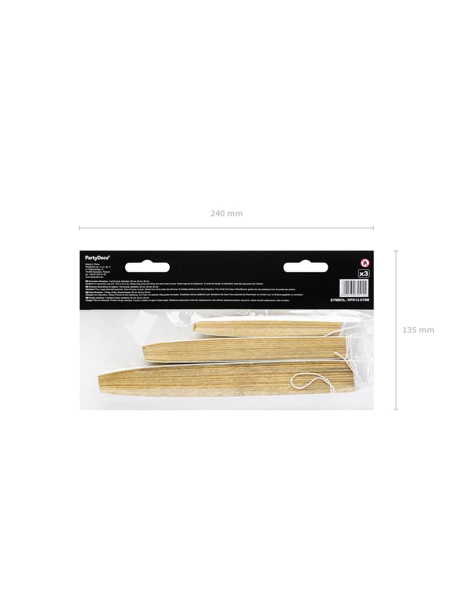 3 abanicos de papel decorativos dorados