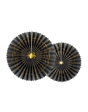 2 Abanicos de papel decorativos negros con araña dorada (32-40 cm) - Trick or Treat Collection