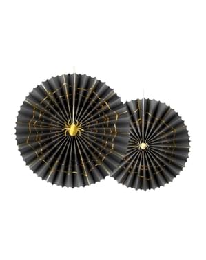 2 festoni a forma di ventaglio decorativo di carta neri con ragni dorati (32-40 cm) - Trick or Treat Collection